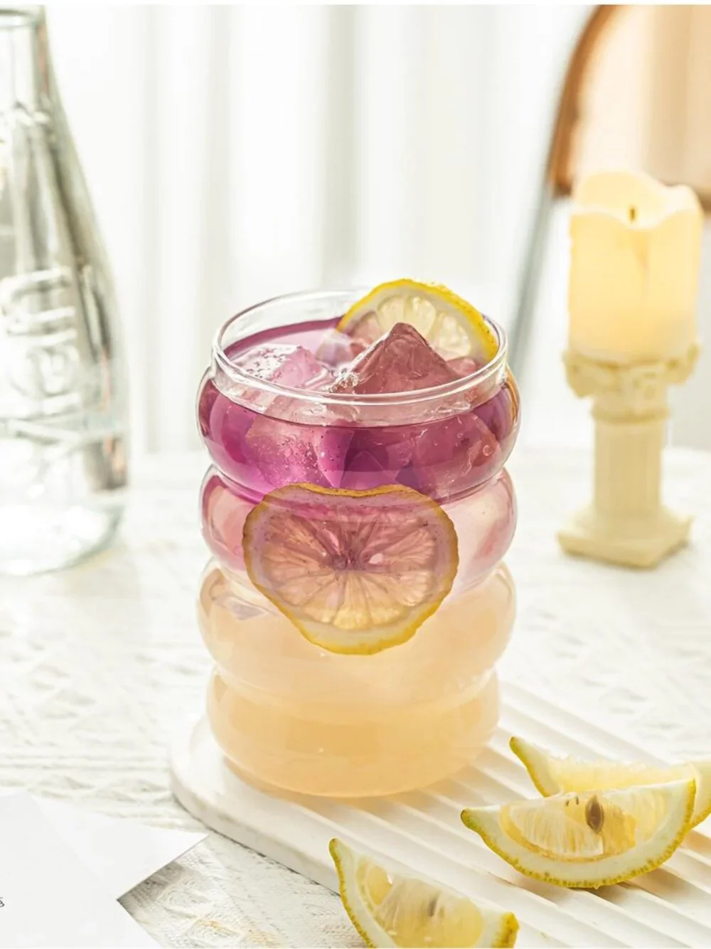⭐️ $15 -  SET OF 2 MID-CENTURY MODERN WAVE BUBBLE GLASSES w/ GLASS STRAWS | NEW